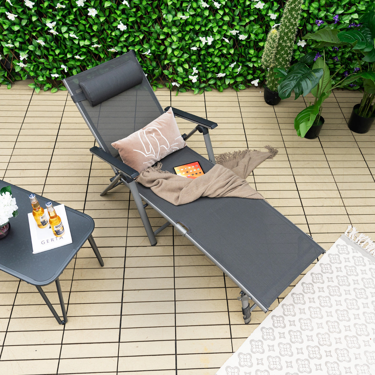Tumbona de Aluminio Plegable para Exteriores Silla Reclinable de Patio Respaldo Ajustables Tejido de Secado Rápido para Piscina Playa Gris