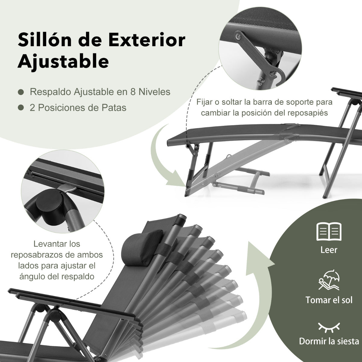 Tumbona de Aluminio Plegable para Exteriores Silla Reclinable de Patio Respaldo Ajustables Tejido de Secado Rápido para Piscina Playa Gris