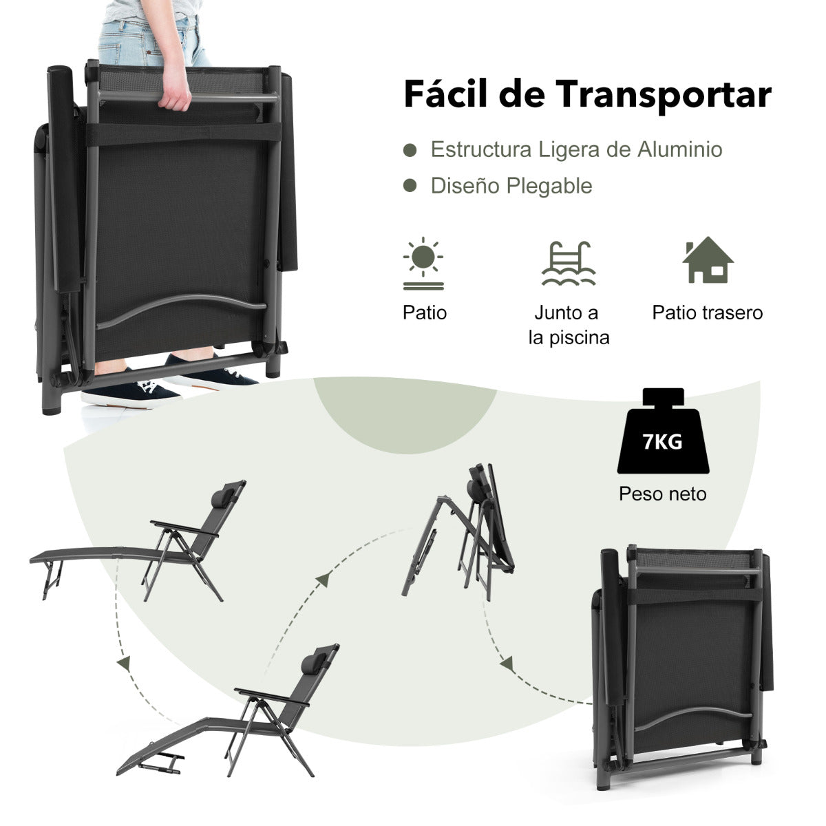 Tumbona de Aluminio Plegable para Exteriores Silla Reclinable de Patio Respaldo Ajustables Tejido de Secado Rápido para Piscina Playa Gris