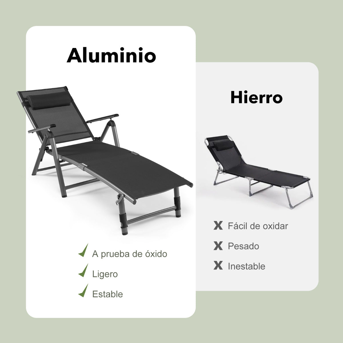 Tumbona de Aluminio Plegable para Exteriores Silla Reclinable de Patio Respaldo Ajustables Tejido de Secado Rápido para Piscina Playa Gris