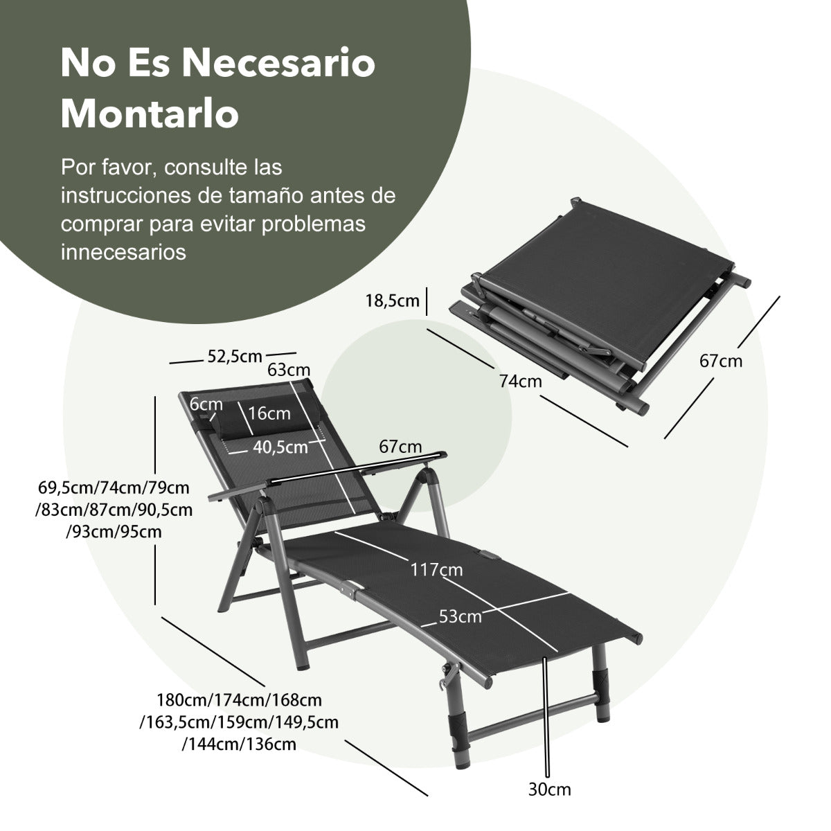 Tumbona de Aluminio Plegable para Exteriores Silla Reclinable de Patio Respaldo Ajustables Tejido de Secado Rápido para Piscina Playa Gris