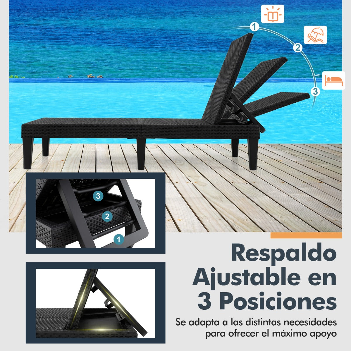 Tumbona Reclinable de 3 Posiciones PP Texturado de Ratán Impermeable Carga 150kg para Piscina Playa Negro