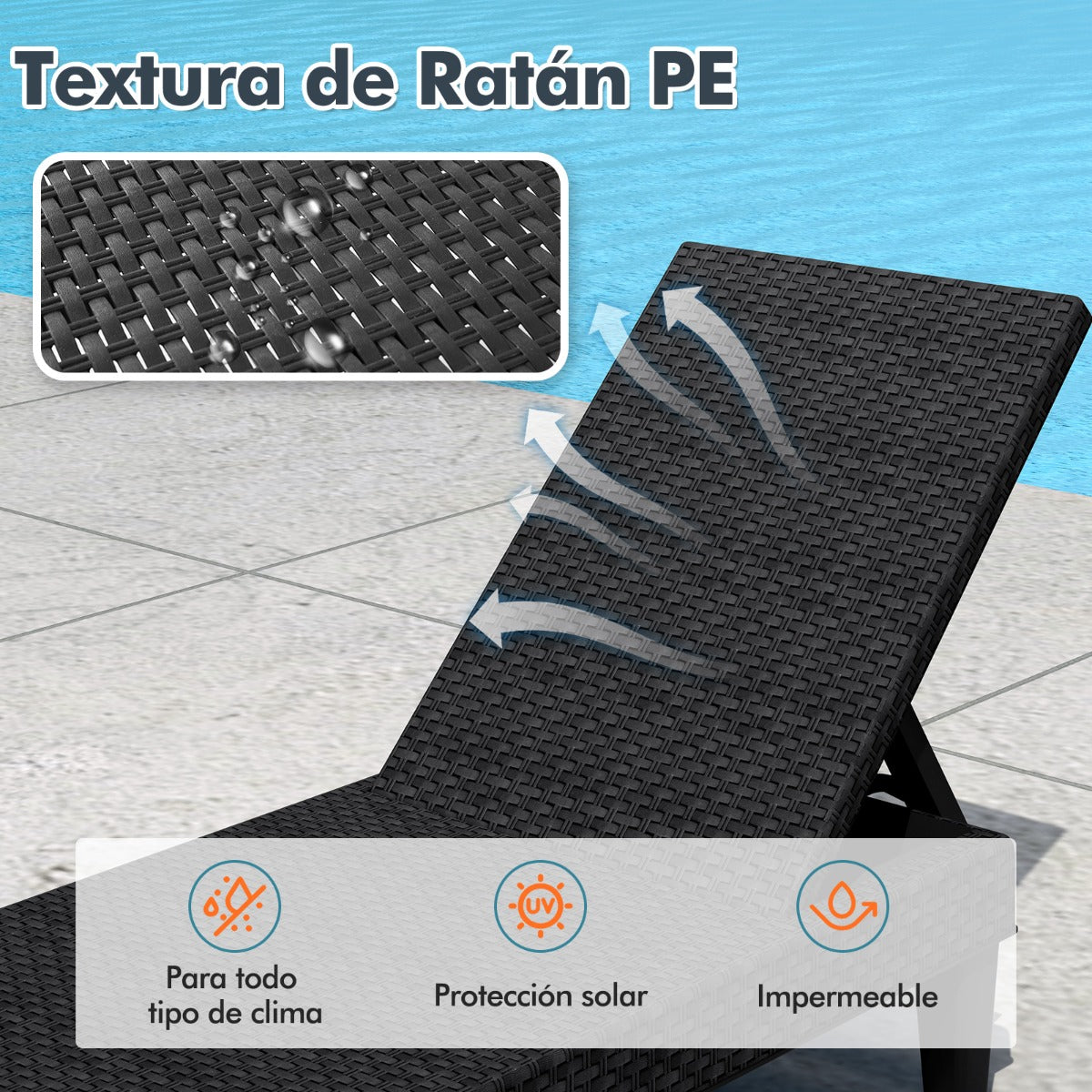 Tumbona Reclinable de 3 Posiciones PP Texturado de Ratán Impermeable Carga 150kg para Piscina Playa Negro