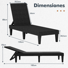 Tumbona Reclinable de 3 Posiciones PP Texturado de Ratán Impermeable Carga 150kg para Piscina Playa Negro