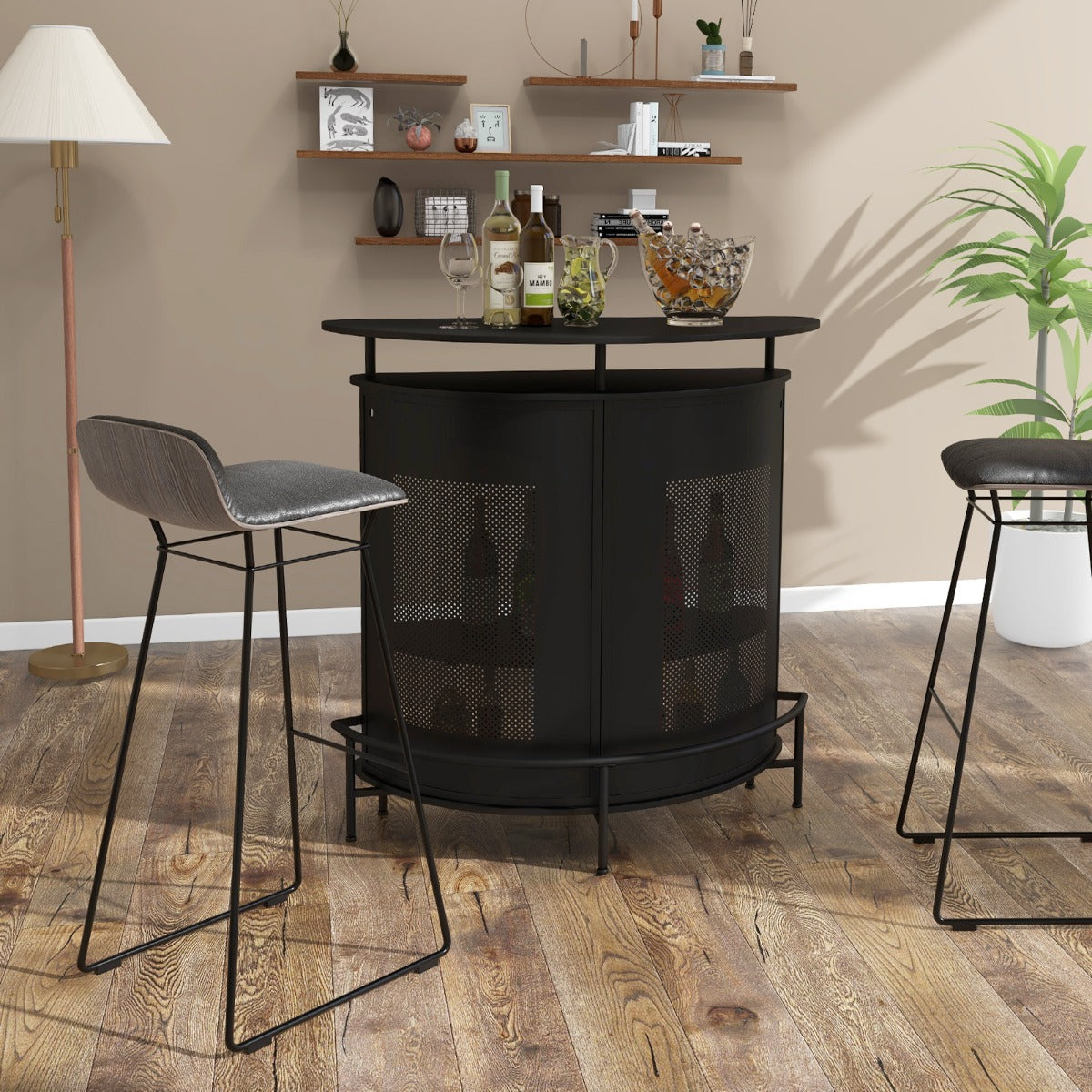 Unidad de Bar de Hogar Mesa de Bar 4 Niveles con Estantes y 3 Soportes para Copas Encimera Curva Industrial para Cocina Comedor Pub Negro