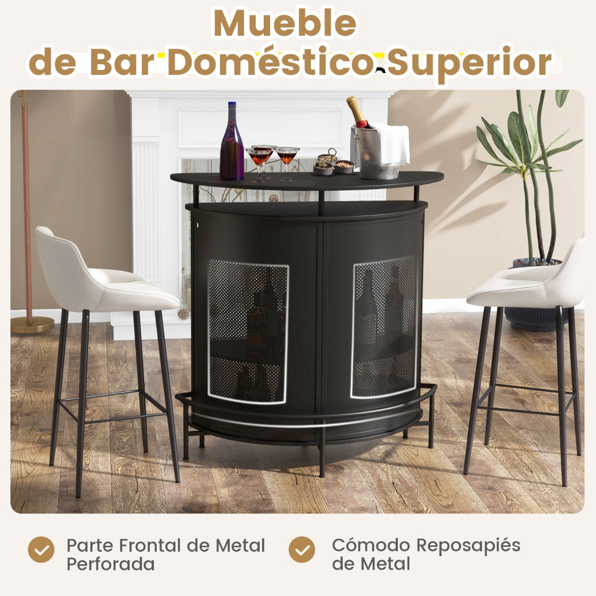 Unidad de Bar de Hogar Mesa de Bar 4 Niveles con Estantes y 3 Soportes para Copas Encimera Curva Industrial para Cocina Comedor Pub Negro
