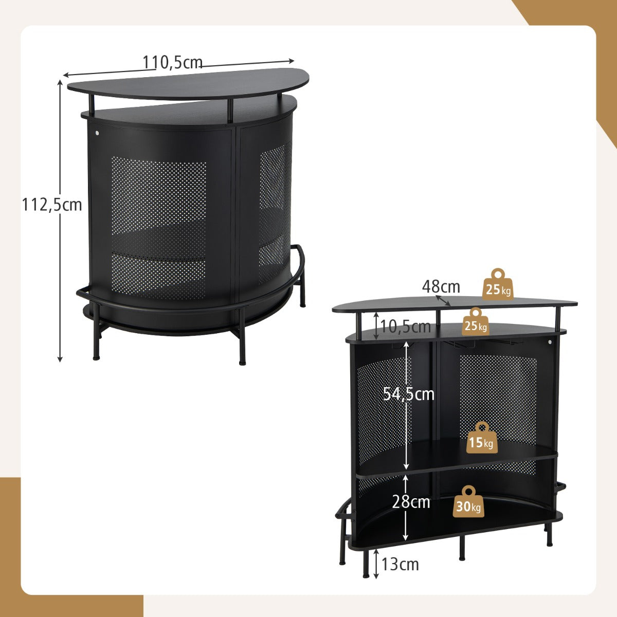 Unidad de Bar de Hogar Mesa de Bar 4 Niveles con Estantes y 3 Soportes para Copas Encimera Curva Industrial para Cocina Comedor Pub Negro