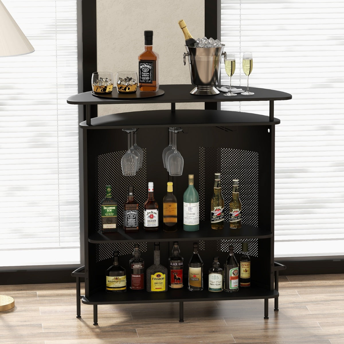 Unidad de Bar de Hogar Mesa de Bar 4 Niveles con Estantes y 3 Soportes para Copas Encimera Curva Industrial para Cocina Comedor Pub Negro