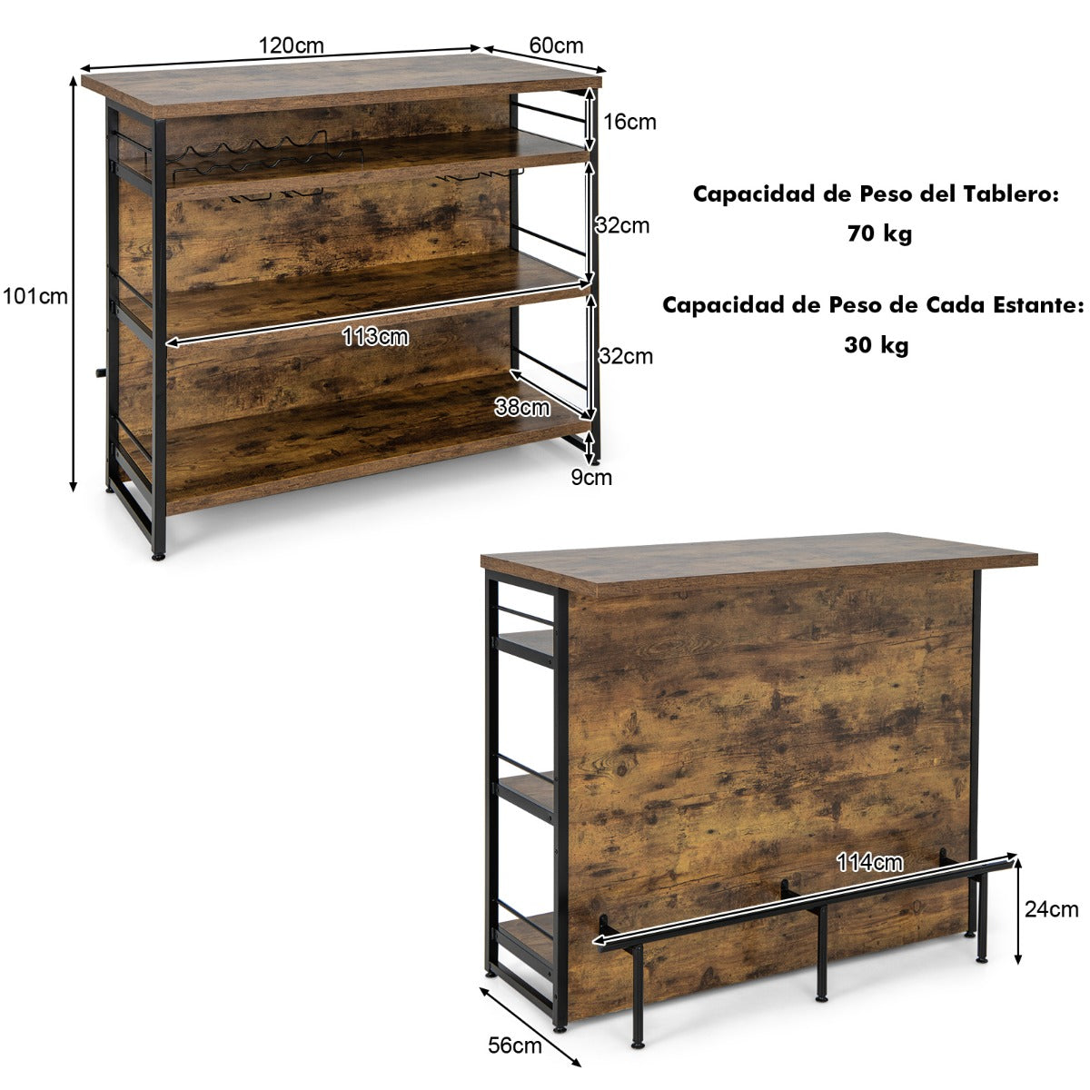 Mesa Alta Barra para Cocina Armario de Barra de Licor 4 Niveles con 3 Estantes Soportes para Vino Isla de Cocina 120 x 60 x 101 cm Marrón