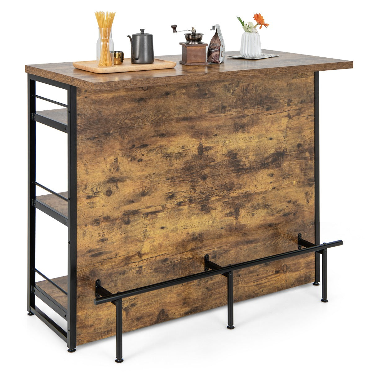 Mesa Alta Barra para Cocina Armario de Barra de Licor 4 Niveles con 3 Estantes Soportes para Vino Isla de Cocina 120 x 60 x 101 cm Marrón