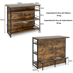 Mesa Alta Barra para Cocina Armario de Barra de Licor 4 Niveles con 3 Estantes Soportes para Vino Isla de Cocina 120 x 60 x 101 cm Marrón