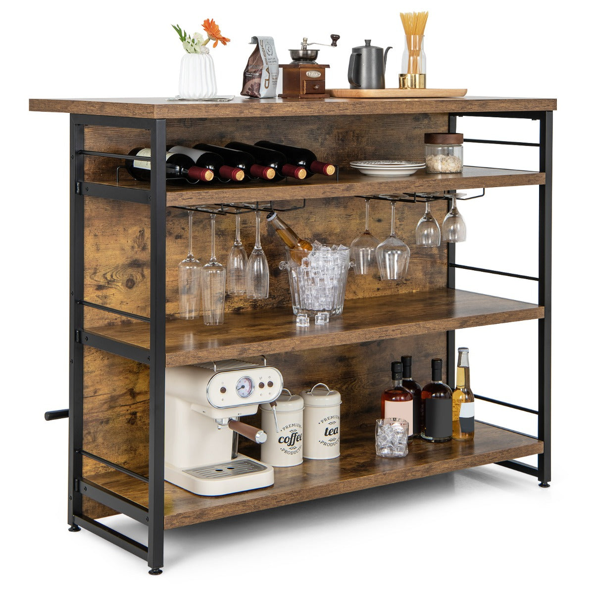 Mesa Alta Barra para Cocina Armario de Barra de Licor 4 Niveles con 3 Estantes Soportes para Vino Isla de Cocina 120 x 60 x 101 cm Marrón