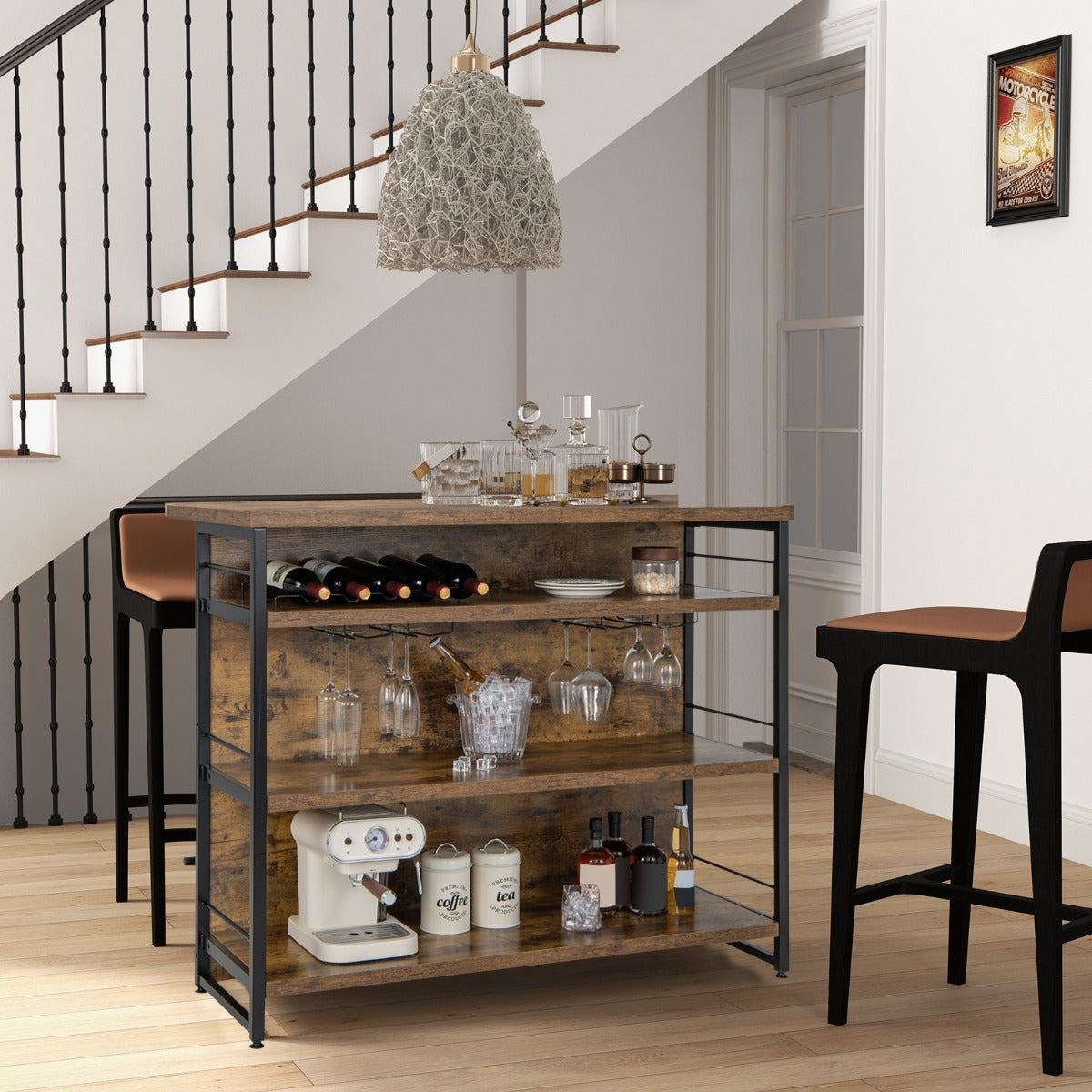 Mesa Alta Barra para Cocina Armario de Barra de Licor 4 Niveles con 3 Estantes Soportes para Vino Isla de Cocina 120 x 60 x 101 cm Marrón