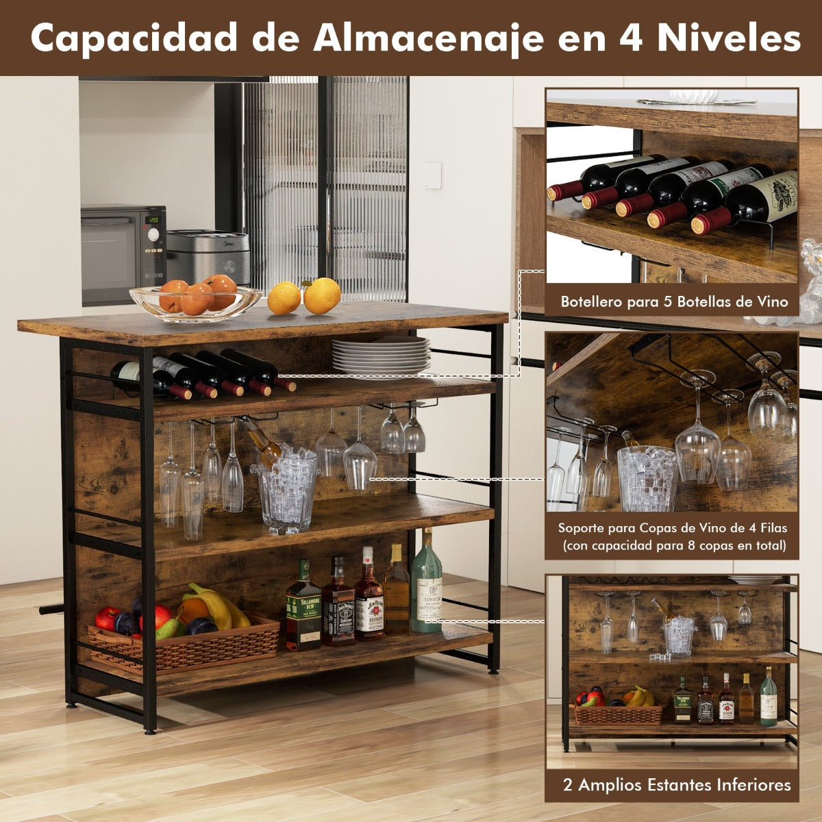 Mesa Alta Barra para Cocina Armario de Barra de Licor 4 Niveles con 3 Estantes Soportes para Vino Isla de Cocina 120 x 60 x 101 cm Marrón