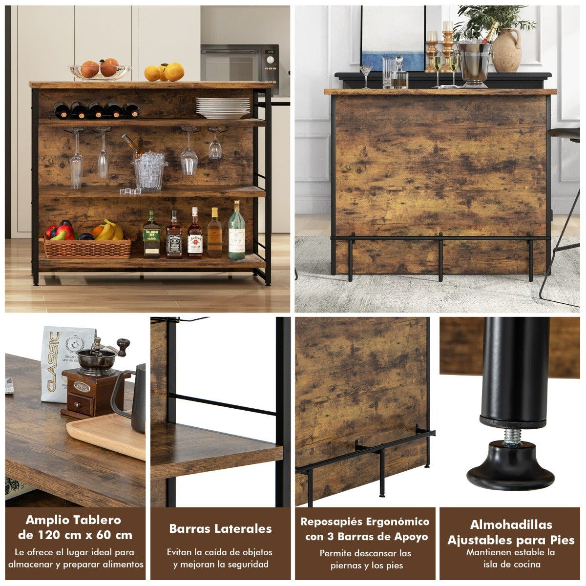 Mesa Alta Barra para Cocina Armario de Barra de Licor 4 Niveles con 3 Estantes Soportes para Vino Isla de Cocina 120 x 60 x 101 cm Marrón