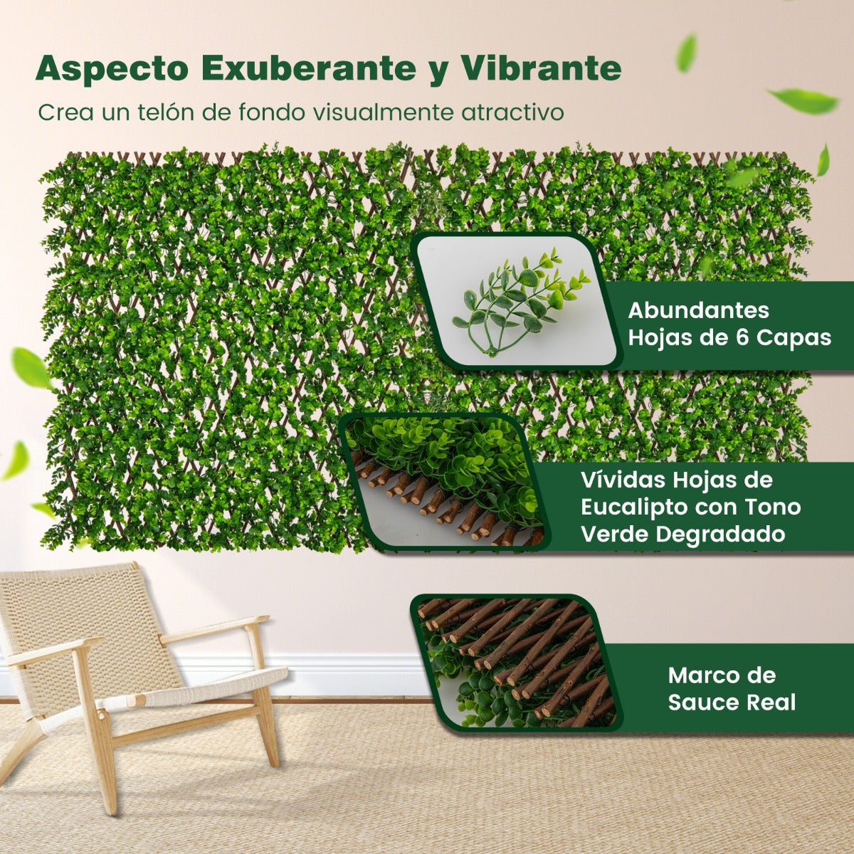 Valla de Enrejado Expansible 180 x 90 cm Pantalla de Cerca de Privacidad de Hiedra Artificial Panel de Seto para Balcón Patio Eucalipto Verde