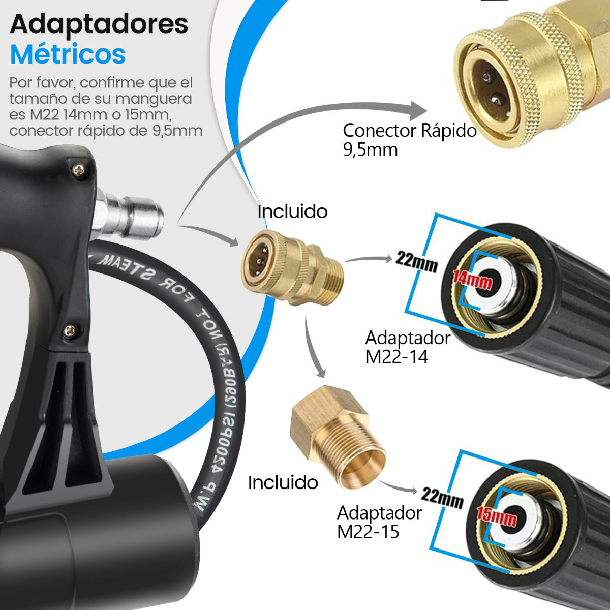 Vara Telescópica de 550 CM para Hidrolavadoras con 5 Boquillas de Rociado 2 Adaptadores Acoplador Giratorio y Arnés de Soporte Negro