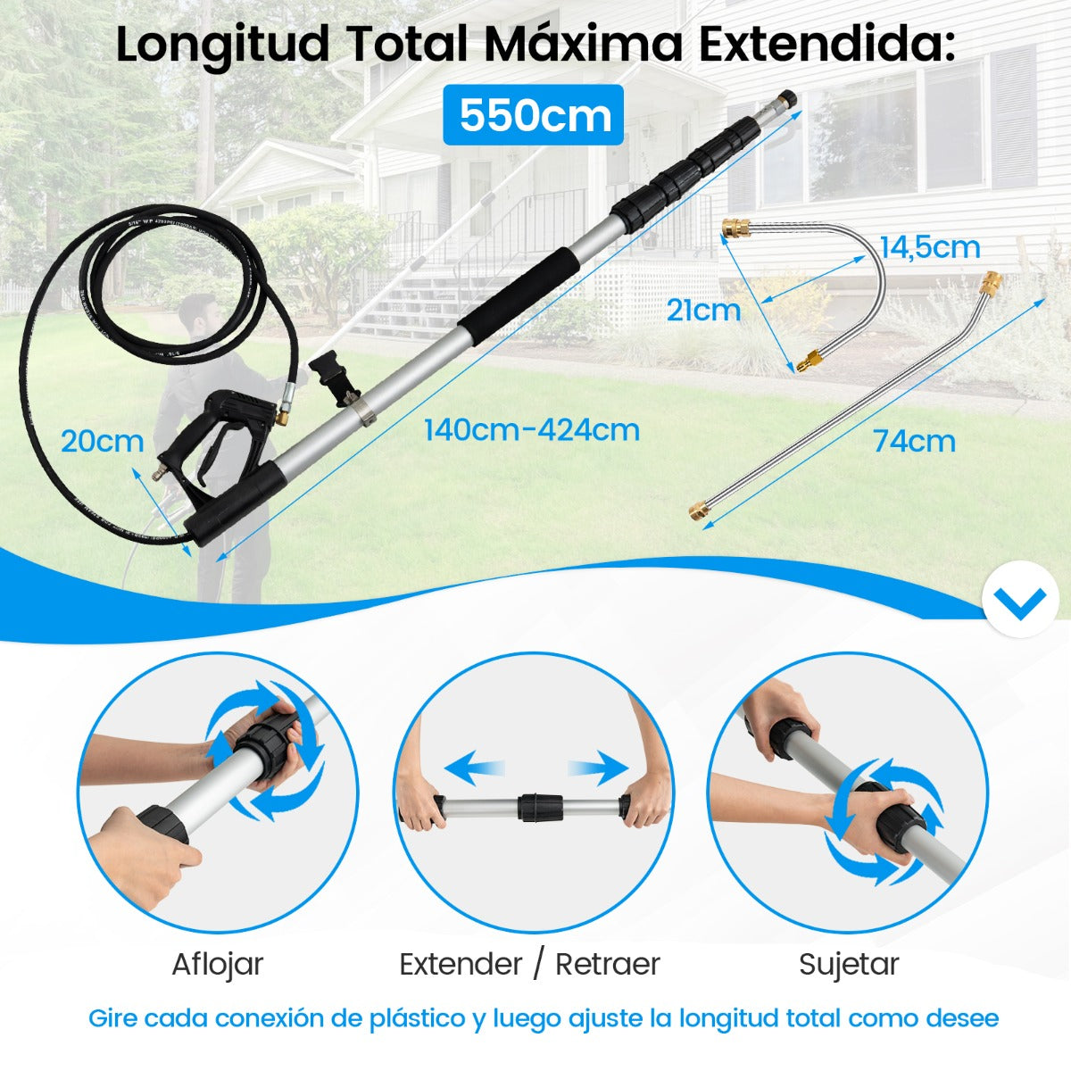 Vara Telescópica de 550 CM para Hidrolavadoras con 5 Boquillas de Rociado 2 Adaptadores Acoplador Giratorio y Arnés de Soporte Negro