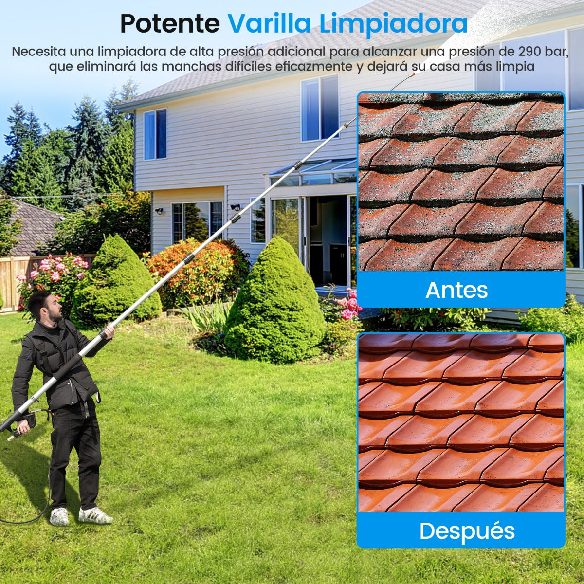 Vara Telescópica de 550 CM para Hidrolavadoras con 5 Boquillas de Rociado 2 Adaptadores Acoplador Giratorio y Arnés de Soporte Negro