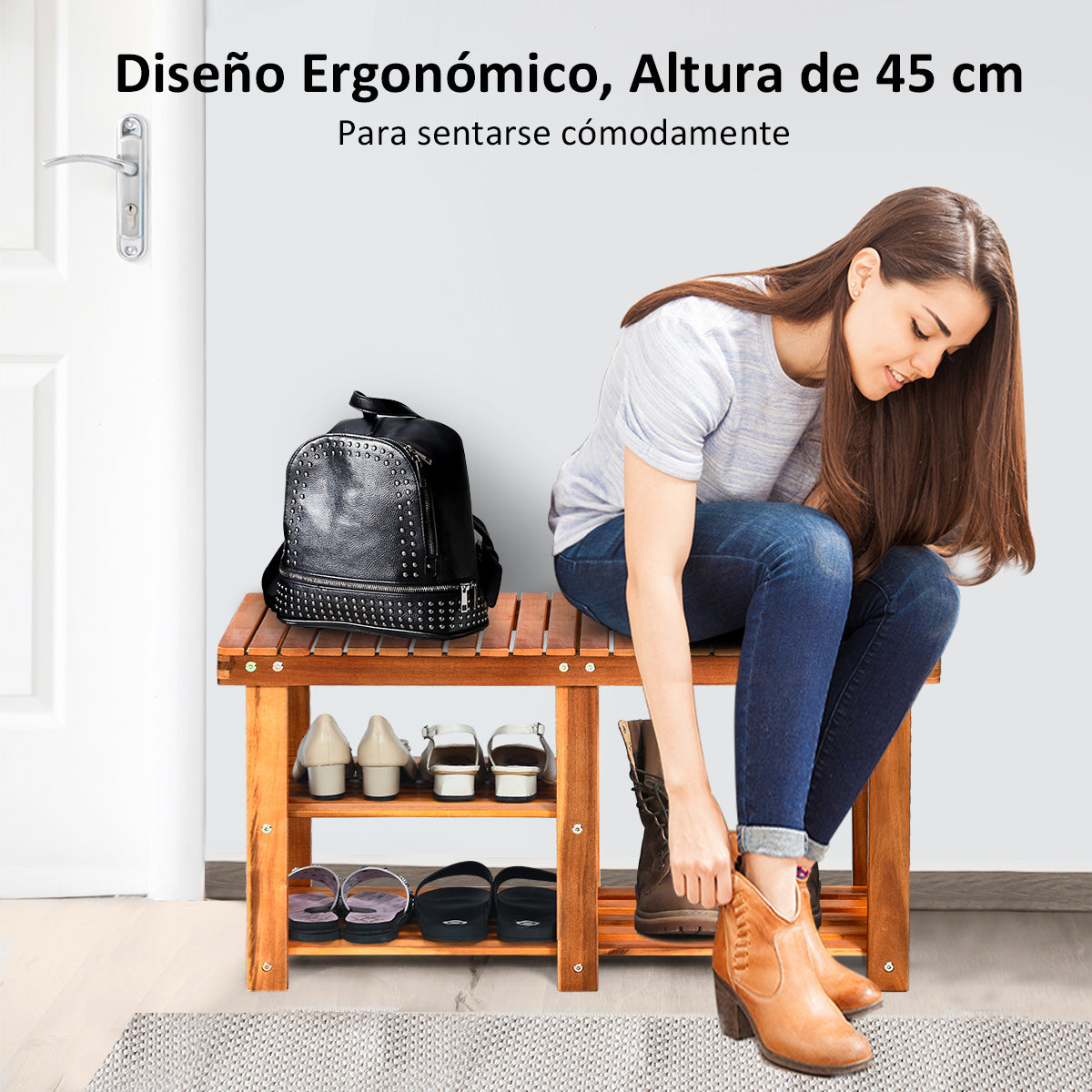 Zapatero Banco de 3 Niveles con Asiento Zapatero para Botas Organizador de Zapatos de Acacia Carga 160 kg para Pasillo Baño Entrada Natural